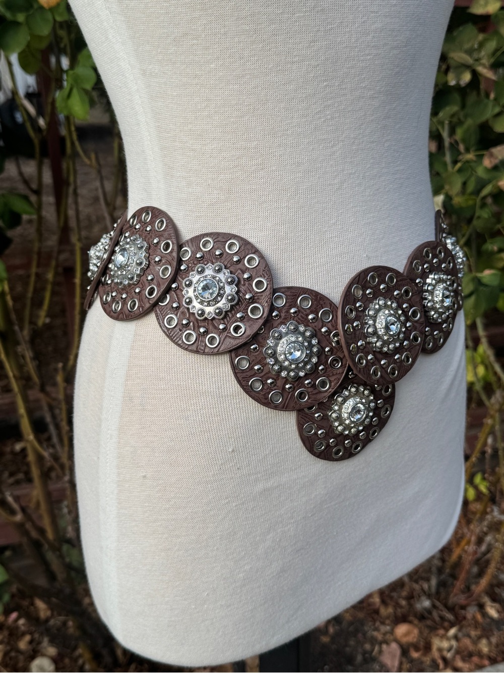 Brown Faux Leather Disc Belt with Silver Stud and Crystal Accents